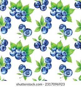 Blueberry water color in seamless pattern. Vector illustration.