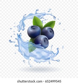 Blueberry and water splash isolated on transparent background. Realistic dairy prodact