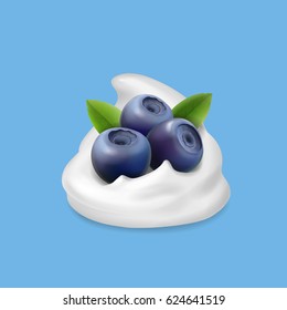 Blueberry and whipped cream or yogurt Realistic forest berry illustration. Vector icon