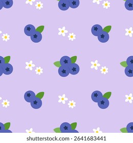 Blueberry and white daisies pattern on pastel purple background for summer fruit seamless design.