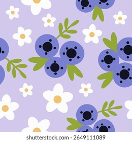 Blueberry and white flower pattern on lavender background seamless pattern for fabric, textiles, clothing, wallpaper, cover, banner, home decor, florals backgrounds