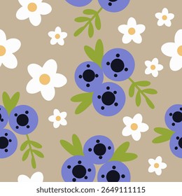 Blueberry and white flower pattern on beige background seamless pattern for fabric, textiles, clothing, wallpaper, cover, banner, home decor, florals backgrounds
