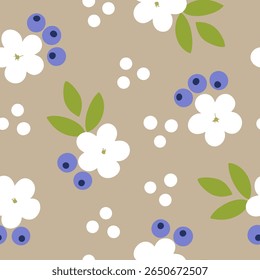 Blueberry and white flower pattern on beige background seamless pattern for fabric, textiles, clothing, wallpaper, cover, banner, home decor, florals backgrounds
