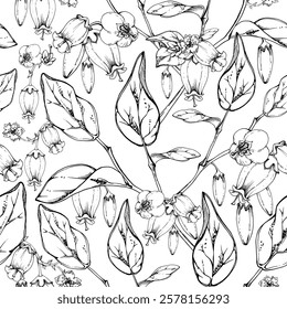 Blueberry white line bell flower and bud with plant leaves on branches, hand drawn in ink vector, wildflower botanical illustration. Seamless isolated pattern for wedding, florist shop, scrapbooking