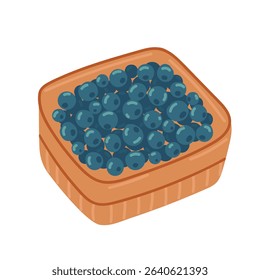 Blueberry in wooden box in flat cartoon design. Natural vitamin fruits in container. Fresh ripe berry for summer picnic. Healthy ingredient for vegetarian diet. Vector illustration isolated.