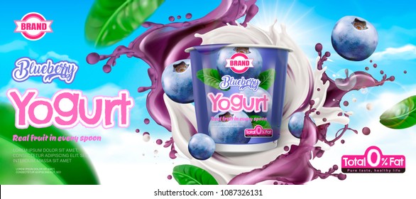 Blueberry yogurt ad with ingredient swirling around the container on blue sky background in 3d illustration