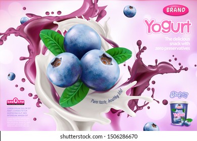 Blueberry yogurt ad with splashing sauce on purple background in 3d illustration