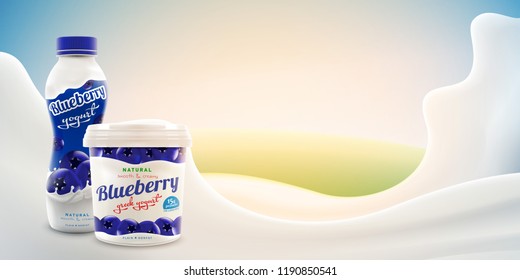 Blueberry yogurt ads with blank jar and bottle on bright background with milk splash commercial product mock-up vector realistic illustration