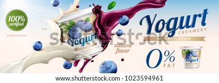 Blueberry yogurt ads, delicious yogurt commercial with milk and fruit jam splashing together in 3d illustration