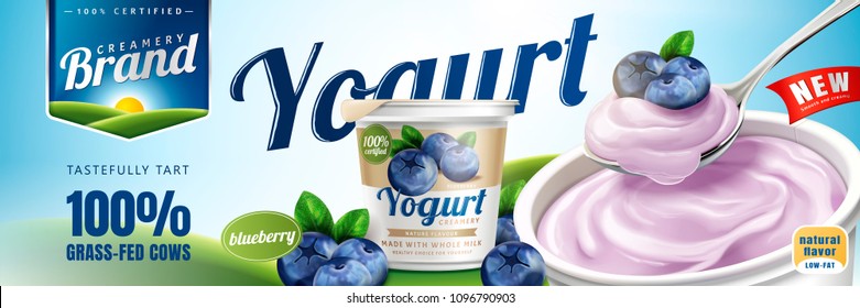 Blueberry yogurt ads with a spoon of delicious cream on bokeh background