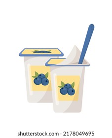 Blueberry Yogurt Icon. Dairy Products, Natural And Organic Food. Product In Package With Spoon, Desserts And Delicacies. Delicate Fruit Curd, Agriculture And Farming. Cartoon Flat Vector Illustration