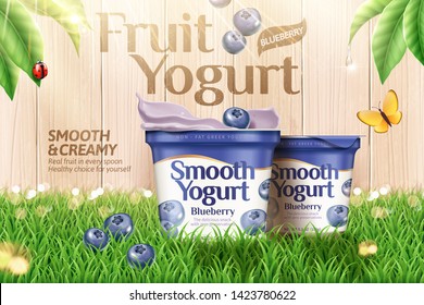 Blueberry yogurt on green grass and wooden fence background in 3d illustration