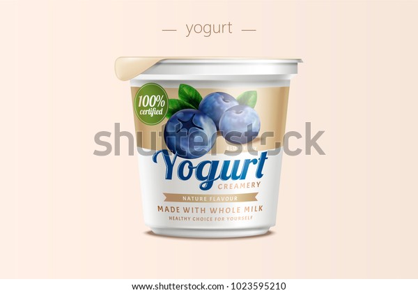 Blueberry yogurt package design, food\
container in 3d\
illustration