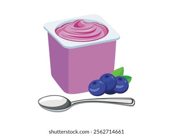 Blueberry yogurt in a plastic cup and spoon vector illustration. Blueberry yogurt plastic cup icon vector isolated on a white background. Fruit yoghurt and fresh blueberries drawing