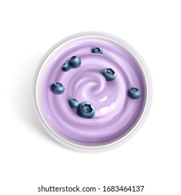 Blueberry yogurt top view isolated on white background.