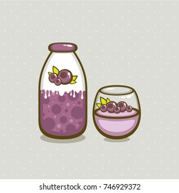 Blueberry yogurt vector illustration. Bottle and glass with fresh berries. Design for menu, logo, pack, product design.