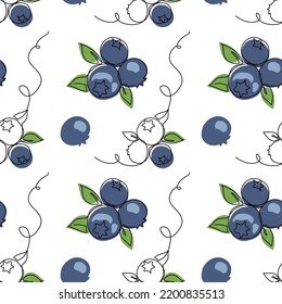 Blueberry, patrón vectorial de la baya. Un dibujo de línea continua de un patrón de arándano azul.