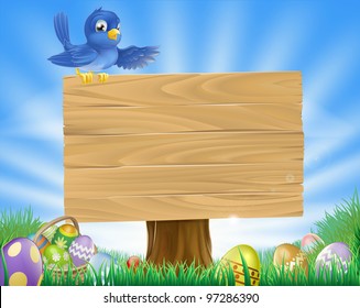 A bluebird Easter cartoon background. Blue bird sits atop  a rustic wooden sign in field of grass with Easter eggs and Easter egg basket.