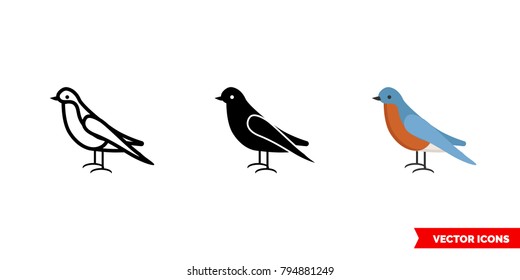 Bluebird icon of 3 types: color, black and white, outline. Isolated vector sign symbol.