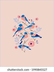 bluebird illustration with flowers and botanicals for wall art, cards, invitation, stationary and more