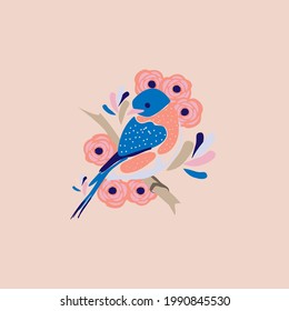 bluebird illustration with flowers and botanicals for wall art, cards, invitation, stationary and more