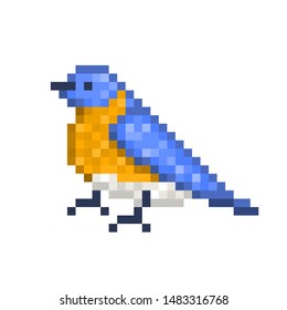 Bluebird, pixel art character isolated on white background. 8 bit wildlife bird logotype. Old school vintage retro slot machine/video game graphics. Symbol of happiness.