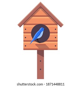 bluebird sits on a new wooden birdhouse. flat vector illustration.