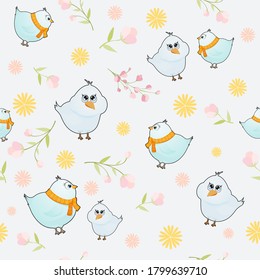Bluebirds with flowers. Seamless pattern for printing on fabric and children's clothing.