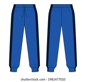 Blue-Black Tracksuit Pants Design on White Background. Front and Back Views, Vector File.