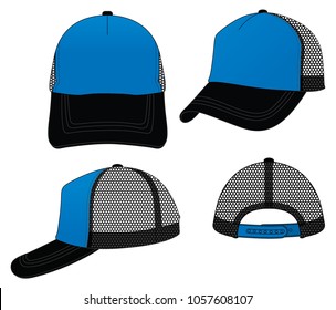 Blue-Black Trucker Cap With Mesh At Side and Back, Adjustable Snap Back Closure Strap Design on White Background