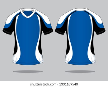 Blue-Black-White Raglan Soccer Jersey Shirt Design On Gray Background.Front And Back View, Vector File.