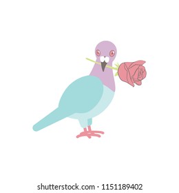the blueboy stands sideways and holds a rose in its beak, bird in a vector flat style
