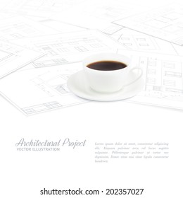 Bluebrint and coffee on white background. Vector illustration.
