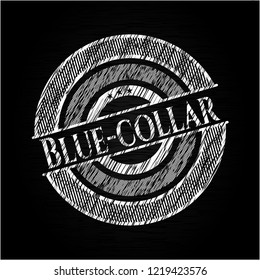 Blue-collar chalkboard emblem on black board