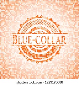 Blue-collar orange tile background illustration. Square geometric mosaic seamless pattern with emblem inside.