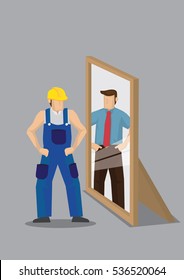 Blue-collar worker stands in front of mirror and sees himself as a business professional in reflection. Creative vector cartoon vector illustration on self-perception concept.