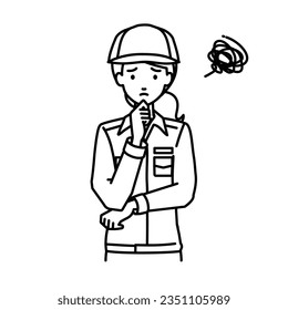 a blue-collar worker woman having trouble standing with her finger on her chin