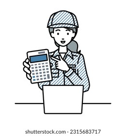 a blue-collar worker woman recommending, proposing, showing estimates and pointing a calculator with a smile in front of laptop pc