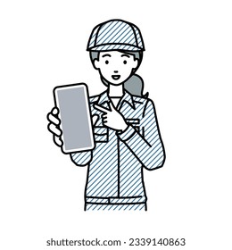 a blue-collar worker woman recommending, proposing, showing and pointing smart phone mock-up screen with a smile