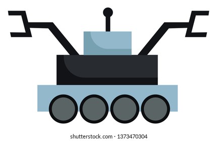 A blue-colored rower vehicle equipped with two black cranes is used for construction purposes and elevating smaller vehicles vector color drawing or illustration 