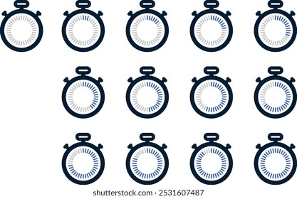 Ícones de cronômetro de cor azul variando do início ao fim. Ideal para cronometragem de cozimento, exercícios ou qualquer tarefa que exija acompanhamento preciso do tempo. Ilustração vetor limpa e moderna.