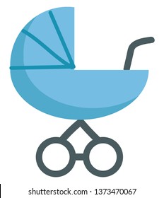 A blue-colored toy pram with two wheels and a handle to be pulled or pushed by the caretaker of the baby in it vector color drawing or illustration 