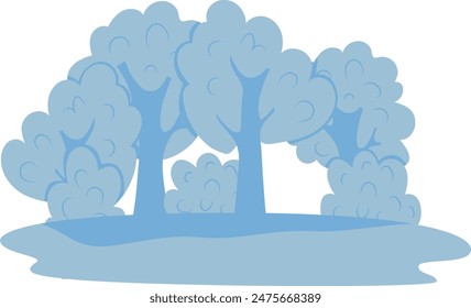 Bluecolored trees bushes standing flat ground. Silhouette simplistic forest artwork. Modern minimalist nature representation