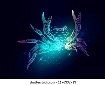 Bluecrab composed. Marine animal digital concept. Vector illustration of a starry sea or Comos. The crab consists of lines. Wireframe light connection structure