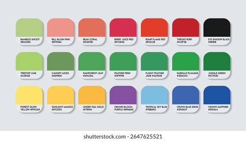 Blue-crowned Hanging-Parrot Color Palette. Blue-crowned Hanging-Parrot color Tone Swatch Chart with HEX Codes and Color Names. Loriculus galgulus feathers and Body Colors Tones Variants. Fashion color