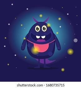 Blue-cute-Monster- and firefly, Drawing and illustration,vector art, use warm colors