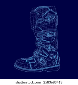 A blued drawing of a pair of boots. The boots are designed for use in the snow and are made of a waterproof material. The boots have a thick sole and are made to provide support