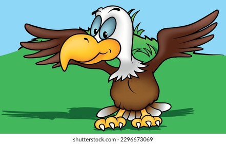 Blue-eyed Bald Eagle with Outstretched Wings - Colored Cartoon Illustration with Background, Vector