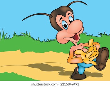 Blue-eyed Beetle on a Walk with Intertwined Fingers on his Hands - Colored Cartoon Illustration with Background, Vector