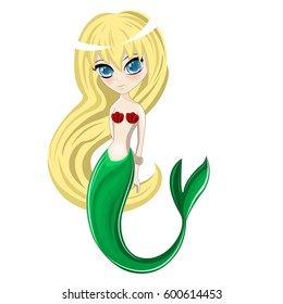 Blue-eyed blond mermaid on a white background.